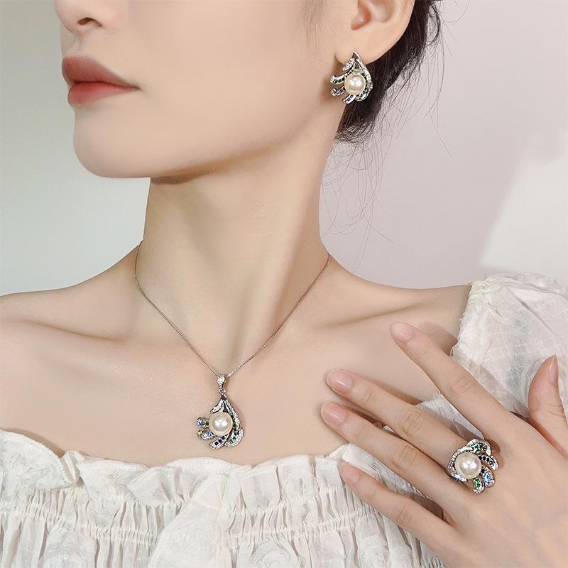 Jewelry Set Pearl Earrings Necklace Ring Australian White Silver Needle High-end Fashionable Women's Style