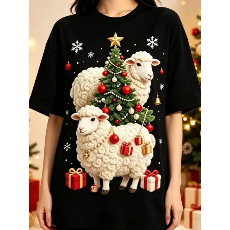 Women's Black Crew Neck Short-sleeved T-shirt, Cute Lamb Christmas Tree Colored Ball Gift Box, Snowflake Print Christmas Day Top