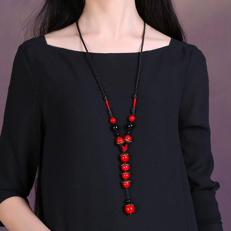 GEMCHIC Collana a Maglia Rossa con Perline Etniche da Donna Catena Lunga con Ciondolo Vintage Moda Boho Gioiello Statement Regalo