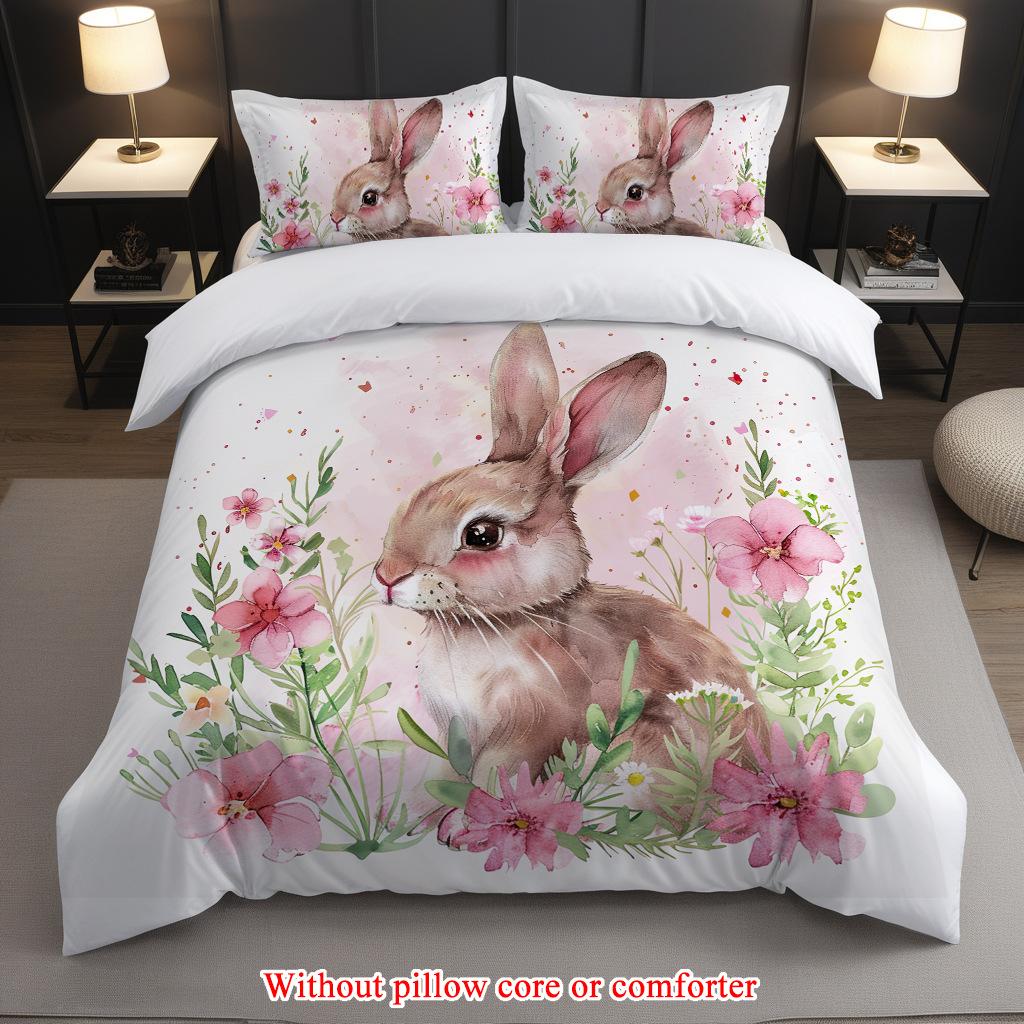 Rabbit 3D Printing Three-Piece Home Textile Bedding Quilt Cover Pillowcase