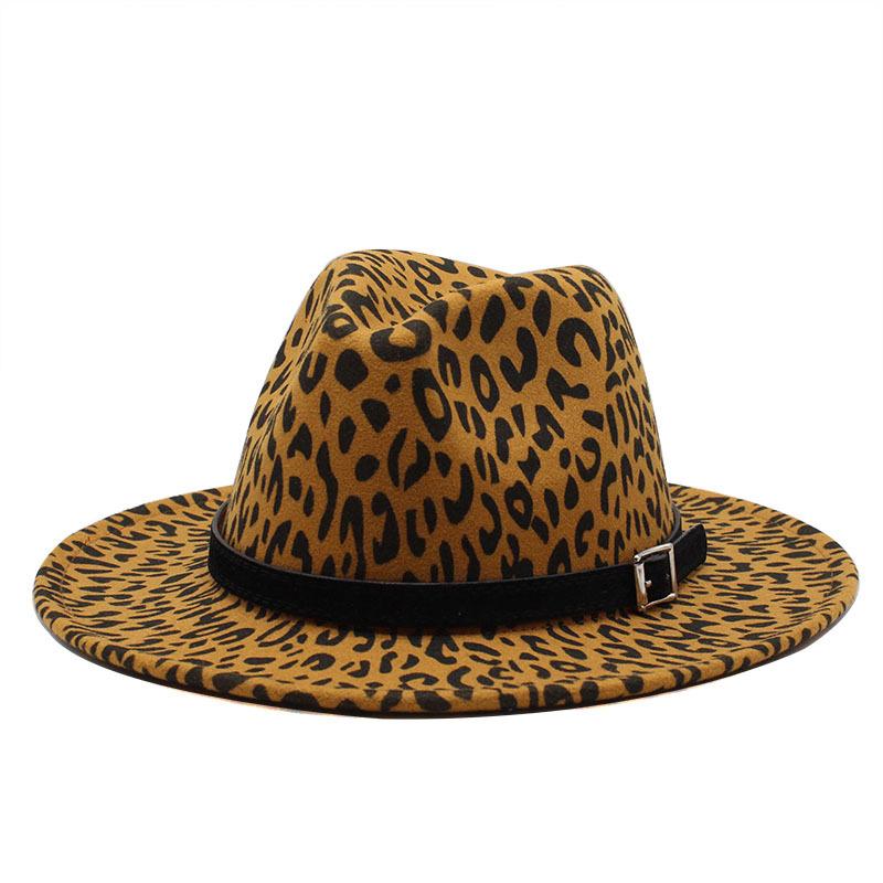 British Style Male And Female Leopard Print Jazz Woolen Hat Big Eave Hat Top Hat