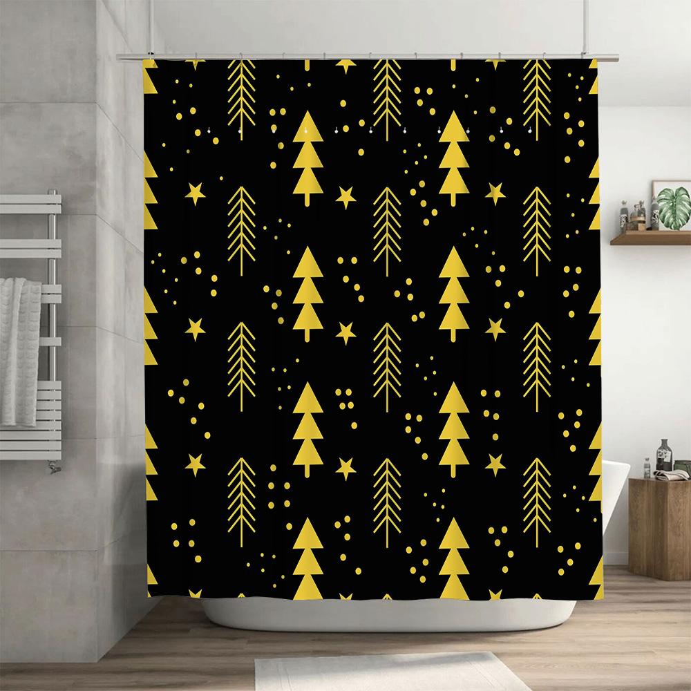 Black Yellow Christmas Trees Shower Curtain with Festive Stars Perfect for Holiday Decorations!