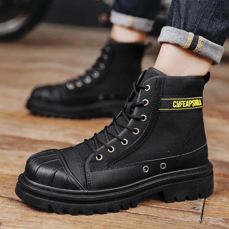 2025 New Men's High-top Anti-collision Work Boots 2025 Spring and Autumn Big-head Motorcycle Boots Canvas Shoes Fashion Boots
