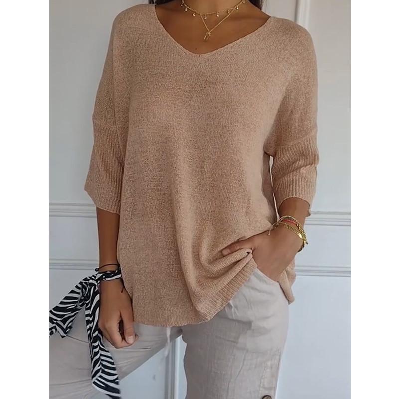Women's European & American V-Neck Knit Sweaters, Slim Fit, Solid Color, 3/4 Sleeves, Casual Style