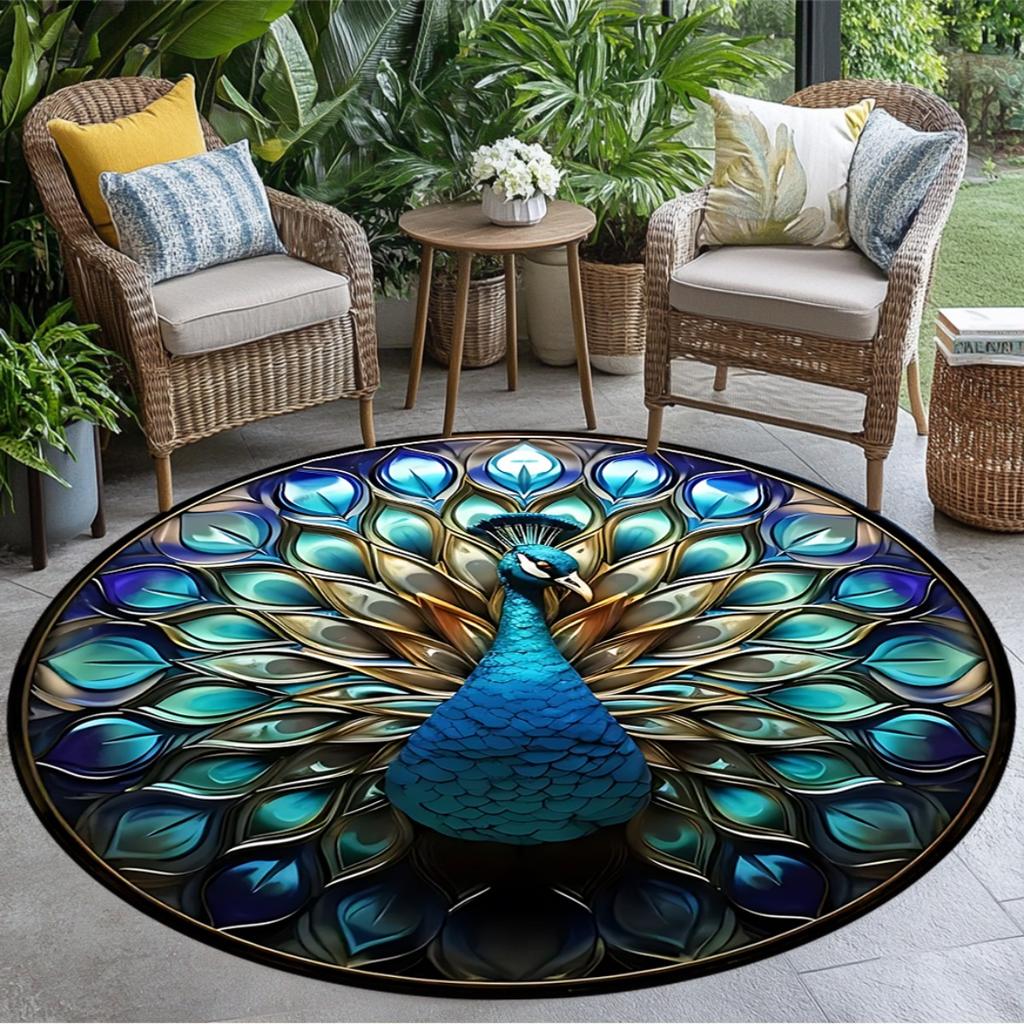 Crystal velvet carpet1pc Peacock Printed pattern Round Area Mat for Living Room, Bedroom, or Dining Room with Simple Design and