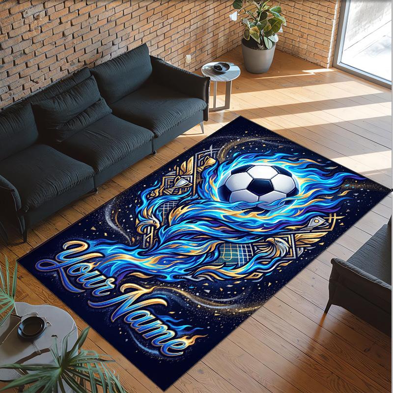 Soccer Theme Crystal Velvet Floor Rug Personalized Custom Name Text Warm Carpet Home Decoration