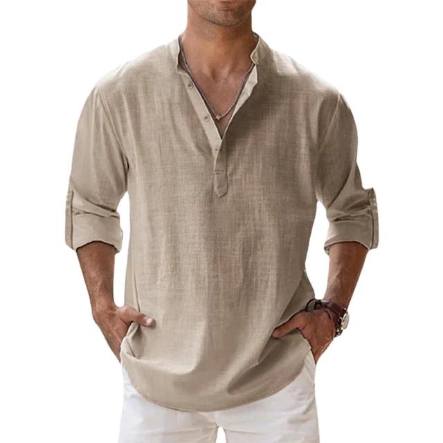 Men's Summer Large Size Casual Loose Stand Collar Solid Color Long Sleeve Shirt
