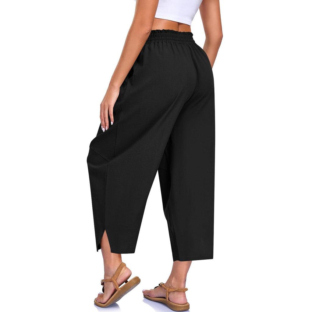 Damen lockere lässige elastische Bundzug-Hosen mit Taschen, leichte entspannte Hose für den Alltag
