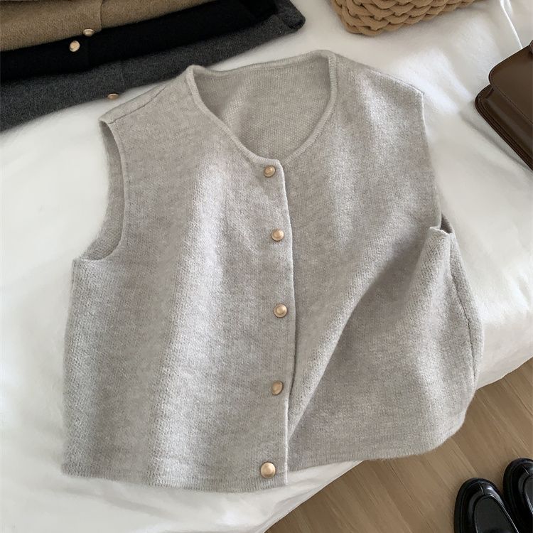 Spring and Autumn Women Sweater Vest Gold Button Up Waistcoat Soft Knitted Sleeveless Cardigan Jacket Top