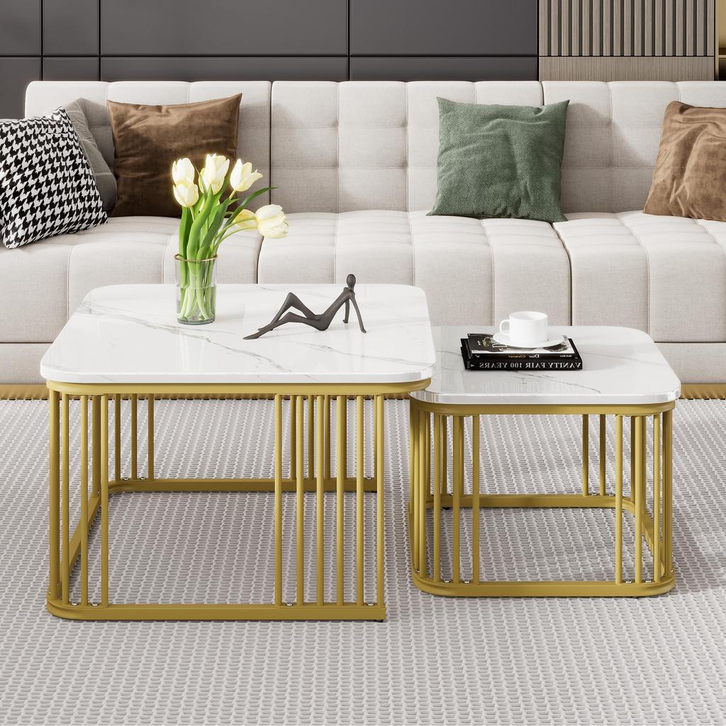 Flieks Quadratisch Couchtisch 2er Set, Moderne Wohnzimmertisch mit Marmor Furnier, Hochglanz Satztisch mit Stauraum, Weiß und Gold
