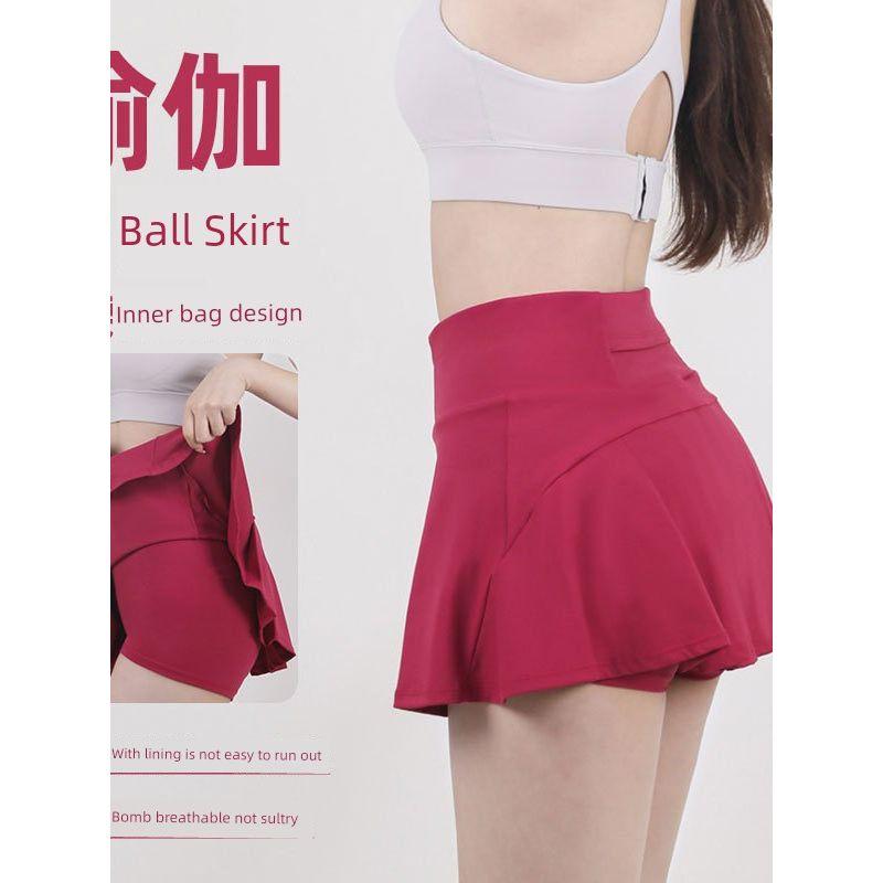 New Arrival Yoga Tennis Skirt Women's High Waist Slim Looking Sports Training Skirt Fake Two-Piece Fashion Tape Half-Length Pleated Skirt