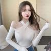 Sexy off-the-shoulder cross-neck red ladies sweater, short tight-fitting top for autumn and winter1781#