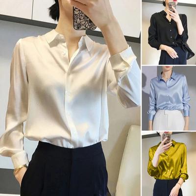 Women Shirt Lapel Long Sleeve Glossy Fabric Formal Shirt Top Buttons Closure Solid Color Smooth Business Date Shirt