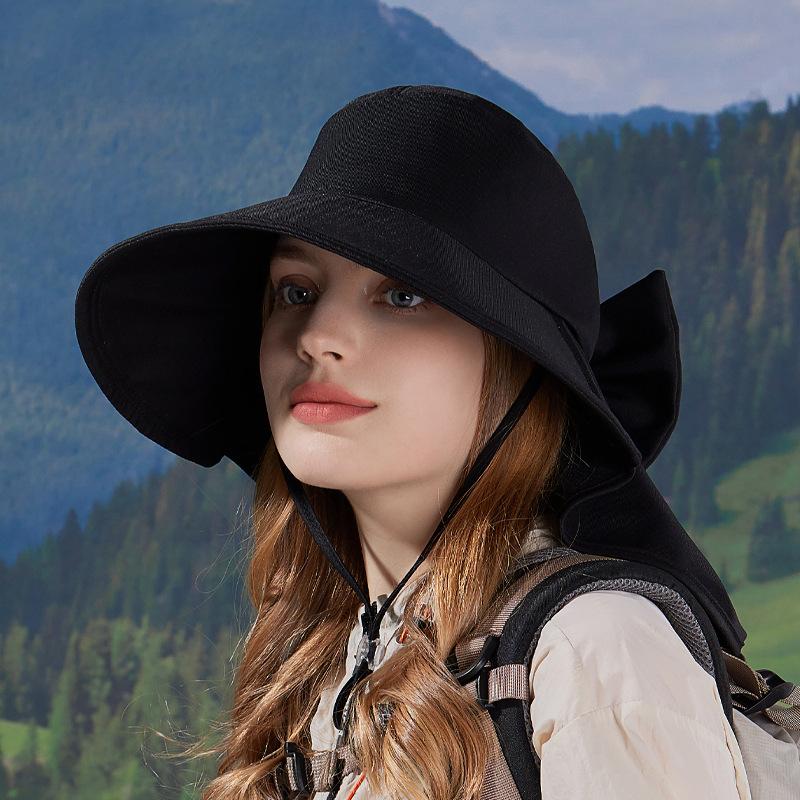 Spring and Summer Outdoor Sunscreen Sun Hat Fashion with Ponytail Hole Hat Women's Big Brim Shawl Neck Bucket Hat