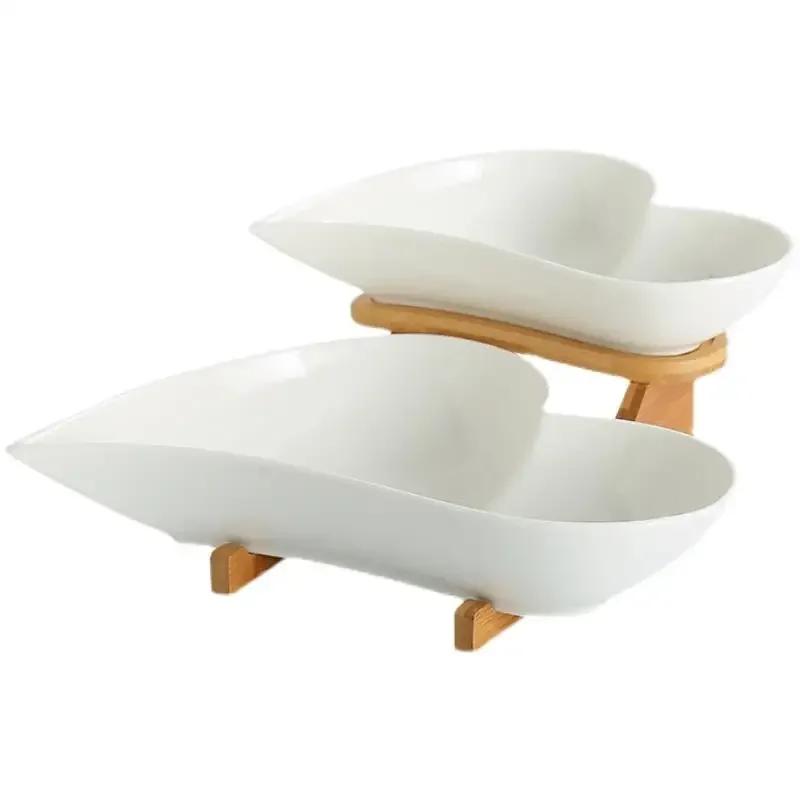 Bol ceramic cu strat dublu pentru fructe, farfurii pentru gustări, depozitare deserturi, tavă de prezentare, suport pentru tort, farfurie din lemn, vas de uz casnic pentru sos de soia