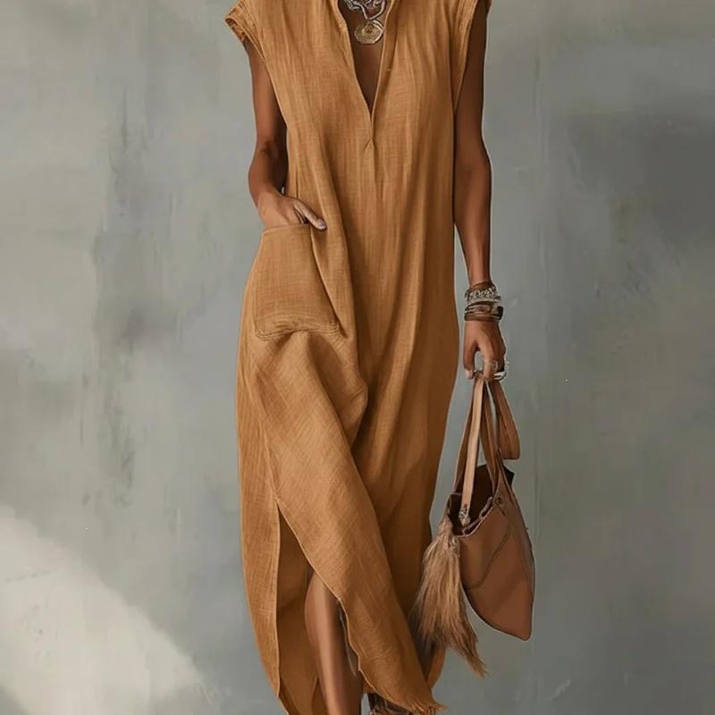 Abbigliamento Donna Estate Stile Europeo Abito Lungo Cotone Senza Maniche Monocolore Vestibilità Larga Scollo a V Casual