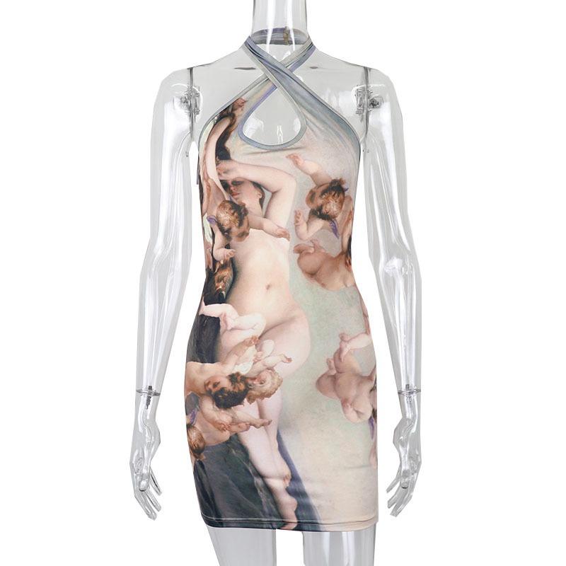 Women's Summer Fashion Print Halter Short Dress Temperament Commuter Slim Waist Pack Hip Dress