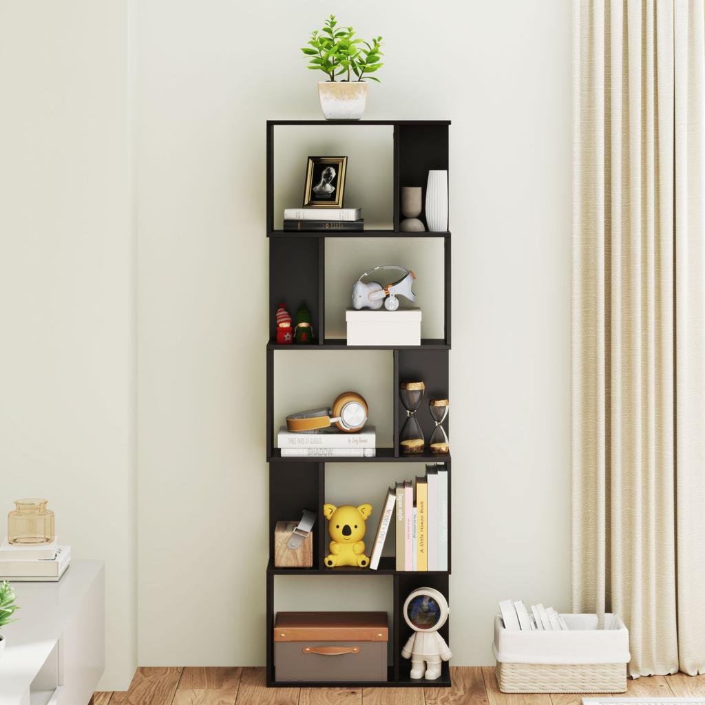 Wooden Bookcase with 5 Shelves Modern Design In Wood, 60x24x184.5 Cm, Black