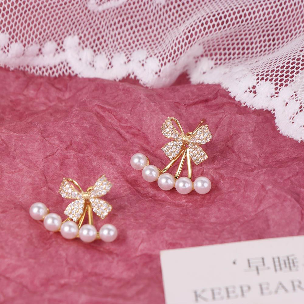 Copper Bowknot Zircon Earrings Metal Crystal Pearl Earrings Sweet Y2K Stud Earrings  Wedding