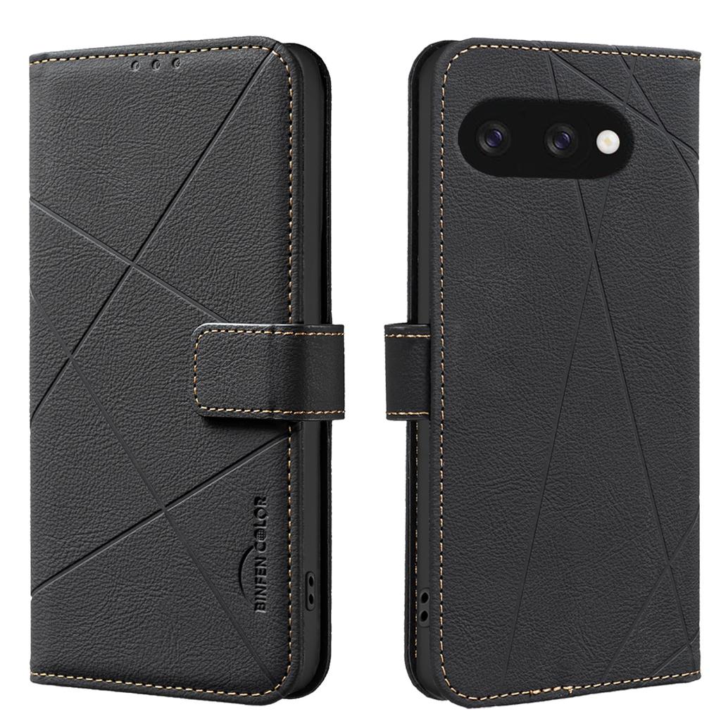 For Google Pixel 9a Case BINFEN COLOR BF35 Geometry Imprinted Leather Phone Cover RFID Blocking Wallet Stand