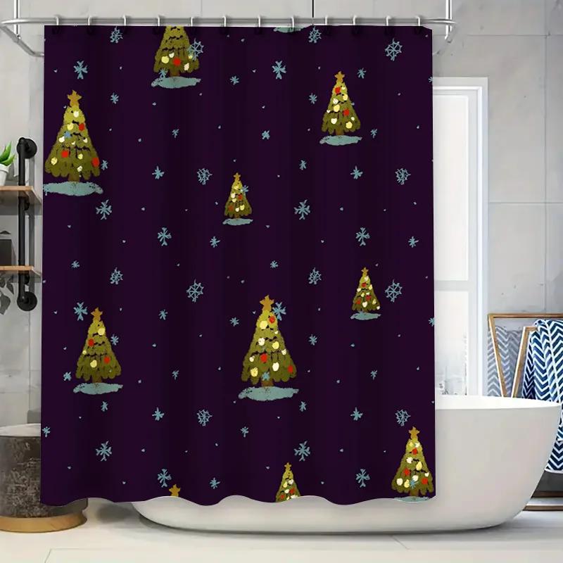 

christmas tree shower curtain bathroom decor festive holiday design waterproof fabric blue backdrop with snowflakes red balls gr W90xH180cm