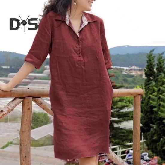 Women Dress Loose Three Quarter Sleeves Solid Color Lapel Knee Length Soft A Line Casual Spring Summer Midi Dress