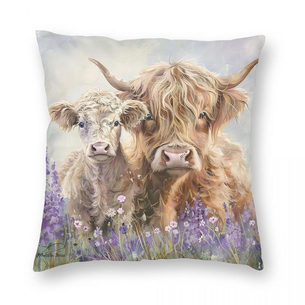 Highland Cow Calf Meadow Square Pillowcase Polyester Linen Velvet Pattern Decorative Pillow Case Room Cushion Case Wholesale