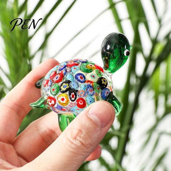 Crystal Glass Art Piece Hand Blown Millefiori Turtle Figurine, Mini Colorful Tortoise Statue, Cute Desktop Decoration Cartoon Sea Tabletop Ornament