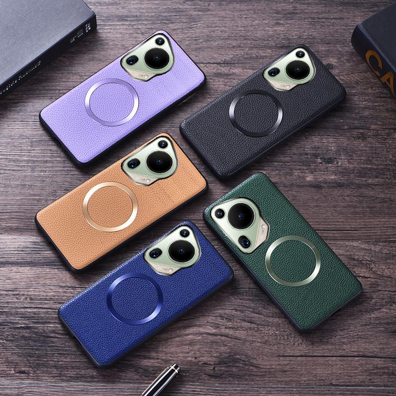 Kožené bezdrátové nabíjení se vzorem Litchi pro Magsafe magnetické pouzdro pro Huawei Pura 70 Pro Plus Ultra Pura70 Ultra měkký kryt