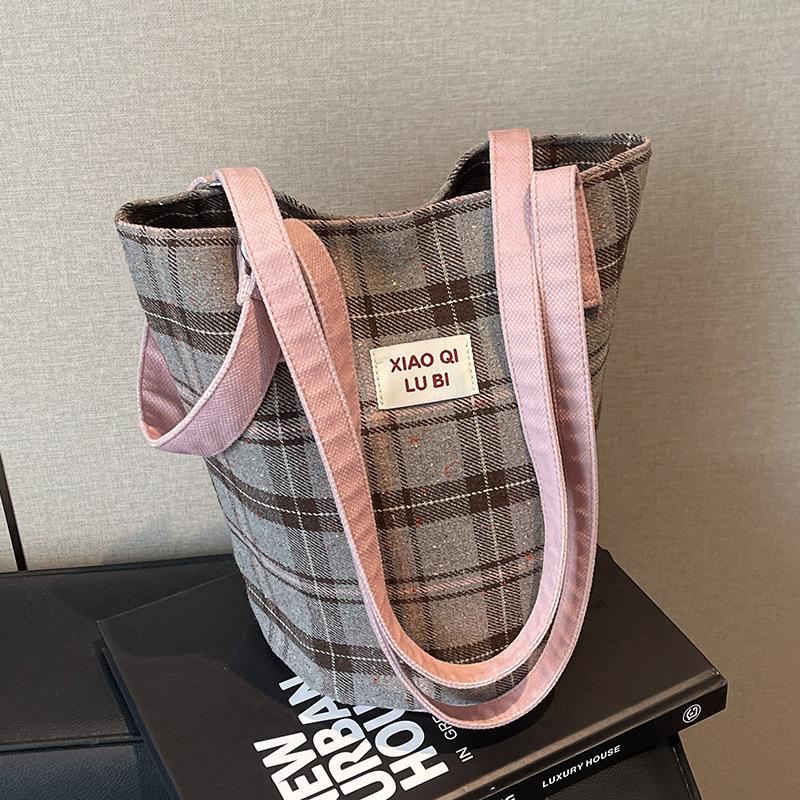 Vintage College-Stil kontrastfarbige karierte Tragetasche Klasse Pendeln vielseitig einzelne Schulter leicht Damen Tasche