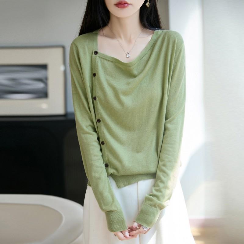 Winter Tencel Wool Blend Knit Cardigan Womens One Shoulder Long Sleeve Loose Top