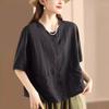 Summer Retro Cardigan Cotton and Linen Shirt Pockets Ladies's Casual Single-breasted Short-sleeved