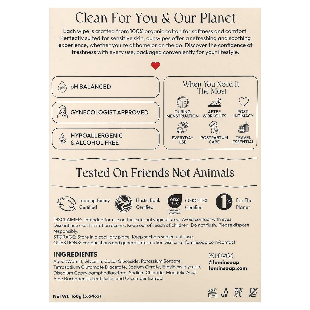 fomin, feminine wipes, for sensitive skin, 15 individually wrapped wipes