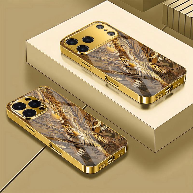 New gold-plated electroplated glass phone case with tiger pattern suitable for iPhone 17 16 15 14 13 12 11
