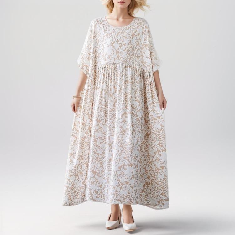 Neues Sommerliches Blumen-Maxikleid für Damen Übergröße Vintage-Stil Locker O-Ausschnitt Kurzarm Urlaubs-Kleid