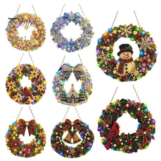 DIY-Feiertagshandwerk für Erwachsene Weihnachts-Diamantmalerei-Kranz-Set mit LED-Lichterkette, Schneemann-Perlenkunst Hängendes Ornament für Erwachsene, Acryl