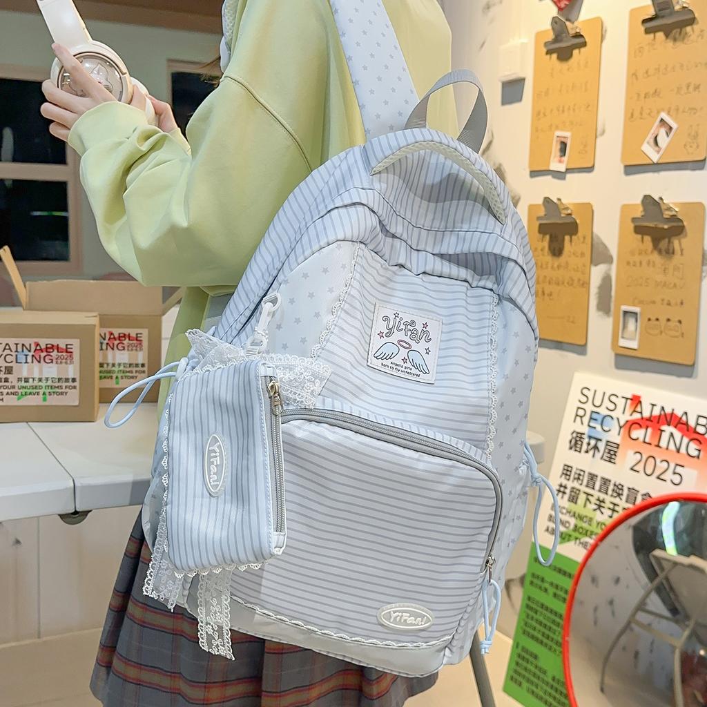 Schoolbag New Japanese and Korean Striped Polka Dot Casual Backpack Women's Large Capacity Student School Bag Lightweight Versatile Backpack