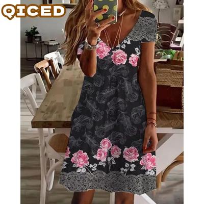 Fashion Summer Spring  Short Sleeve V-Neck Casual Dresses