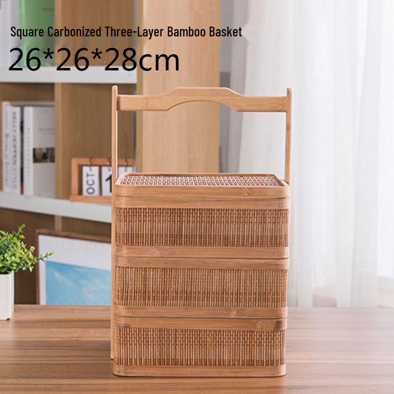 Antique-Style 2-Tier Bamboo Snack Basket with Handle