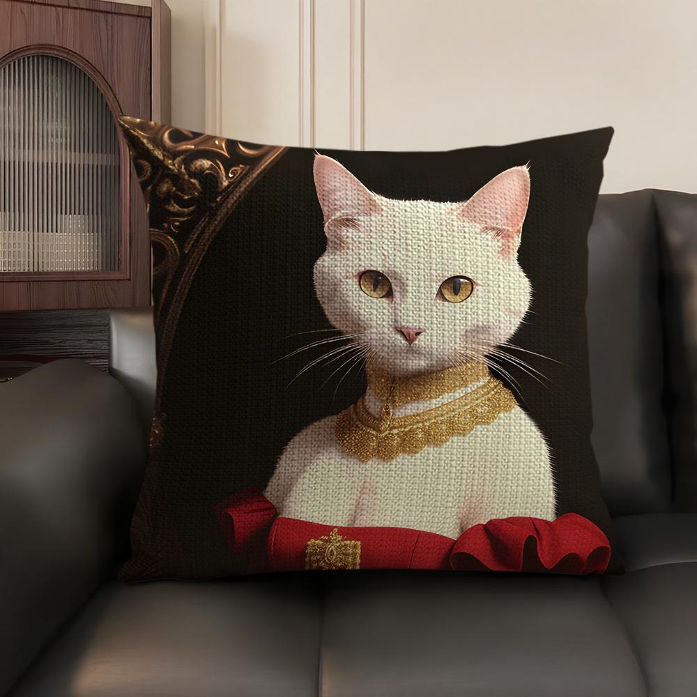 Renaissance Royal Cat Cushion Cover Natural Linen Organic Fabric DoubleSided Printing Sofa Home Decor Gift Pillow Case