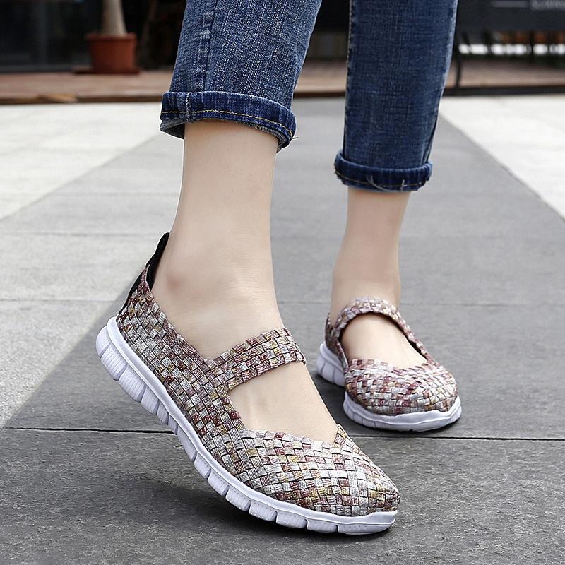 Large size breathable woven elastic band handwoven shoes women's single shoes large size flat bottom casual mother shoes tide