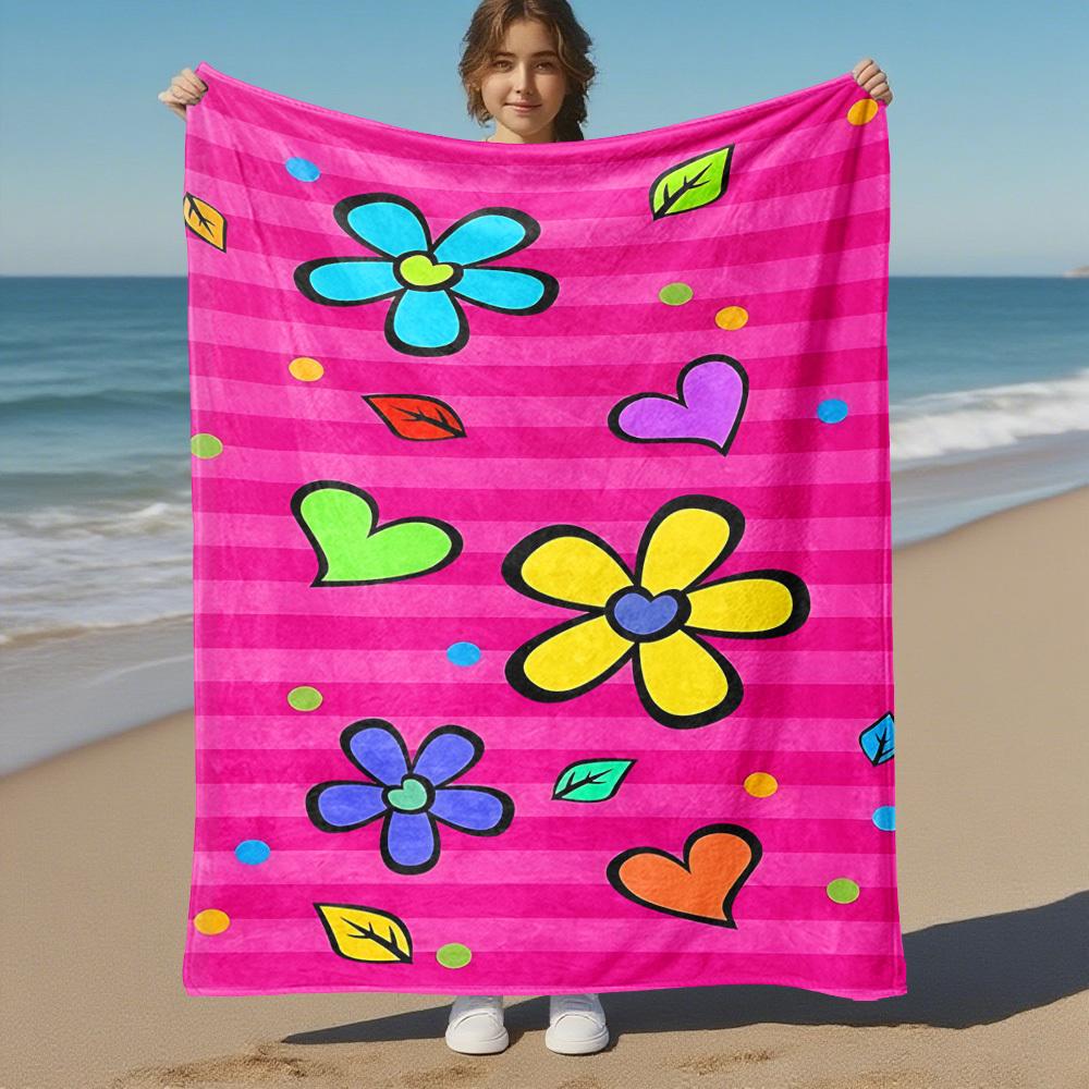 1pc flowers hearts Outdoor Flannel Blanket Soft Warm All-Season Throw for Sofa Bed Car Camping Office, Cozy Gift Idea1301S