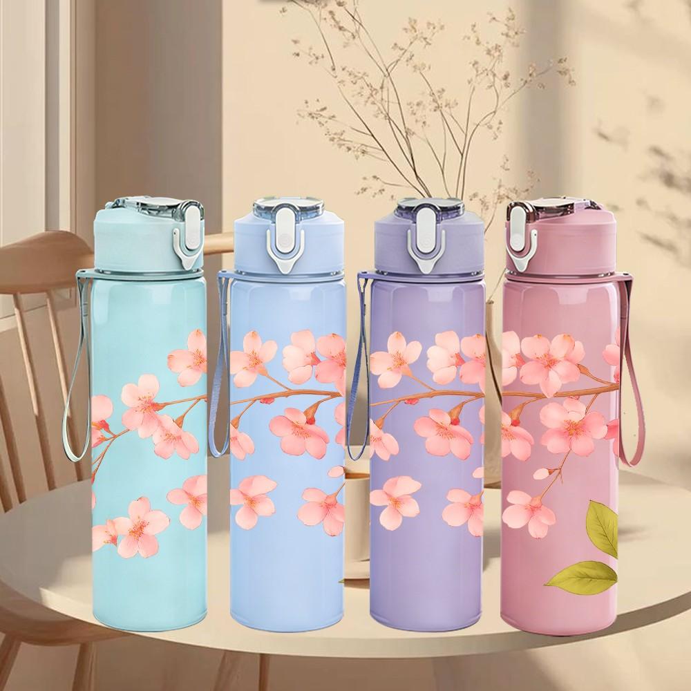 1PC Pink Cherry Blossom Branch Print 750ml Color Plastic Sports Water Bottle Leakproof Flip Straw Lid Suitable for Sports Office Home Use