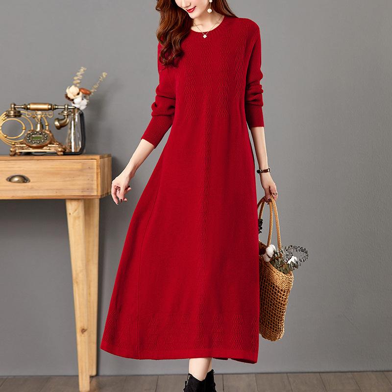 Crew Neck Winter Base Dress Women's Autumn and Winter with Coat Long Knitted Skirt Large Size Sweater Skirt Women