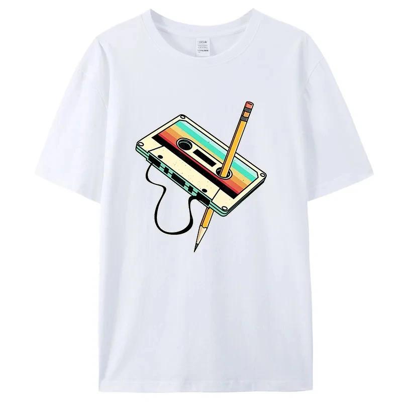 Retro 1980s Tape Pencil Graphic Fashion Summer Short Sleeve 3D Printed Women T-shirts Casual O Neck Pullovers Tees