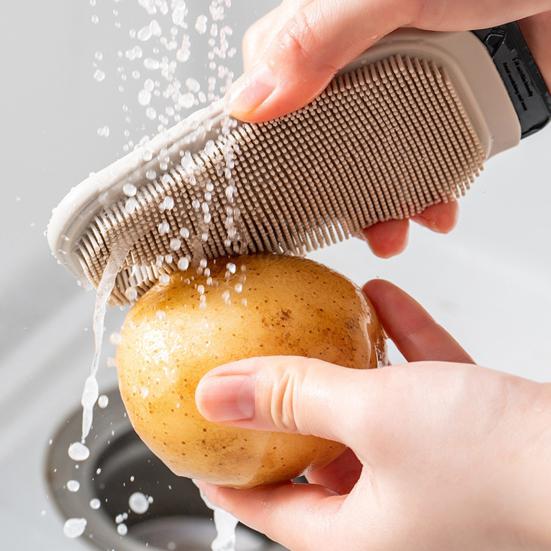 Yousheng Fruit Brush Multi Functional Double-Sided Silicone Kitchen Cleaning Brush with Hanging Loop Scrubber Integrated Scraper