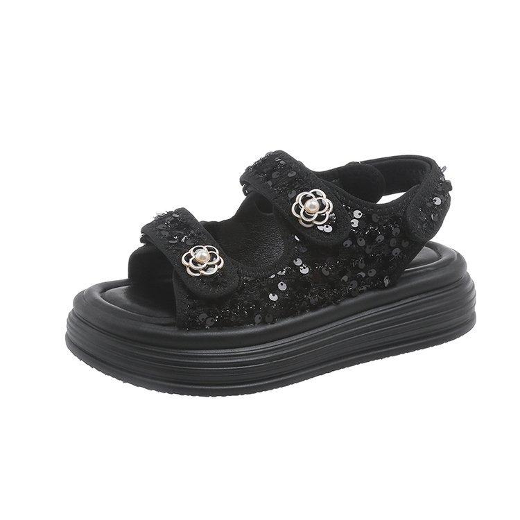 2025 Summer New Xiaoxiangfeng Velcro Rhinestone Roman Sandals Women's Fashion Outer Wear Platform Casual Beach Women's Shoes