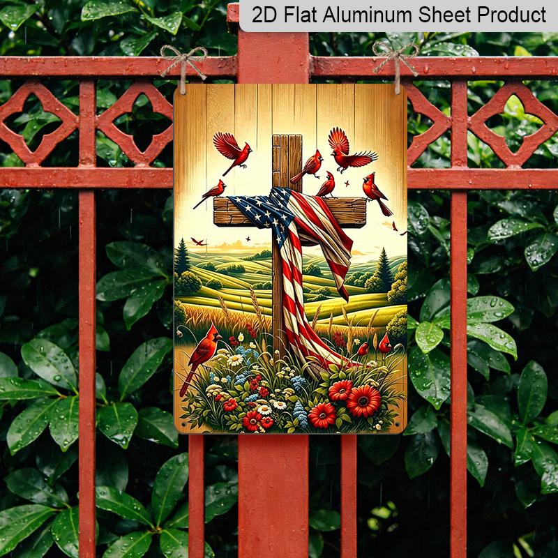 2D Flat American Flag Cross with Cardinals Metal Sign Durable Aluminum Material 8*12 Inches USA Christian Wall Decor Patriotic Church Decor