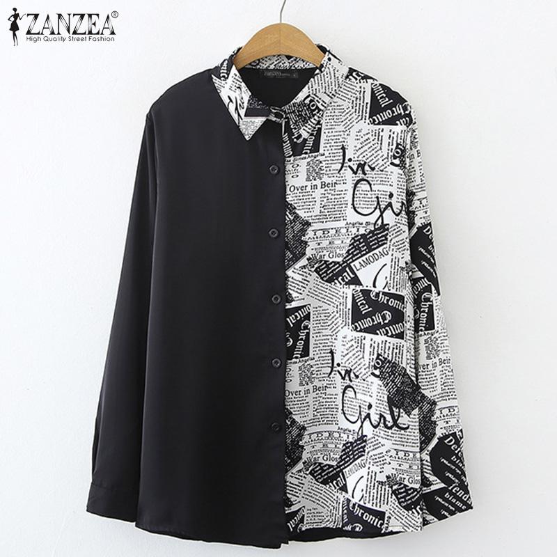 

ZANZEA Женщины Отвернутый воротник с длинным рукавом Принт Рубашка Весна Лето Блузка Топы 3 #