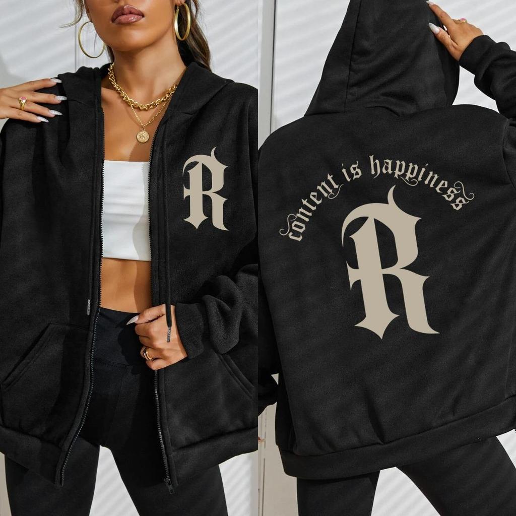 Content Is Happiness Letter R Pattern Zipper Hoodie Woman Fashion Casual Hoodies Loose Multicolor Hoody Clothes